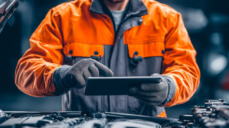A professional mechanic in a workshop analyzes vehicle data on a sleek digital device, capturing a...