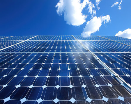 Bright sunlight reflects off sleek solar arrays beneath a crisp, cloudless sky, embodying...