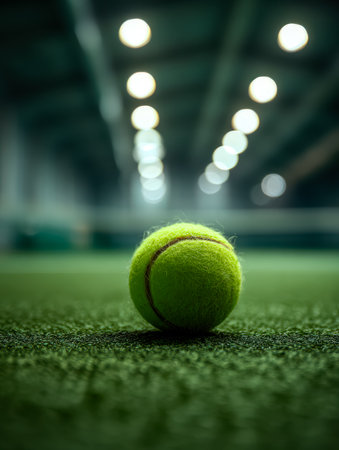A lively emerald tennis ball lies on a detailed court surface, illuminated by intense overhead lighting that highlights the athletic setting with a softly blurred backdroの写真素材