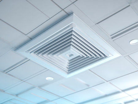 Sleek, contemporary ventilation panels installed across a spacious office ceiling, combining...