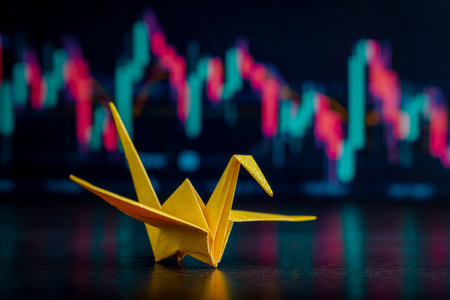 A delicate paper crane set against a vibrant backdrop of fluctuating market figures, symbolizing hope amid economic volatility.の写真素材
