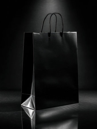 A sleek black tote with sturdy handles rests on a glossy surface, highlighted by intense lighting that emphasizes its refined appeal for upscale shopping experiences.の写真素材