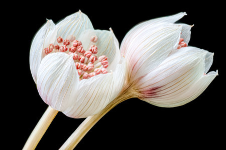 A detailed view of a vibrant lotus in full bloom, showcasing tender petals and intricate seed pods, set against a striking dark backdrop.の写真素材