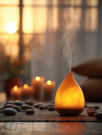 A serene setting featuring a gentle mist from a diffuser, nestled among polished stones and...