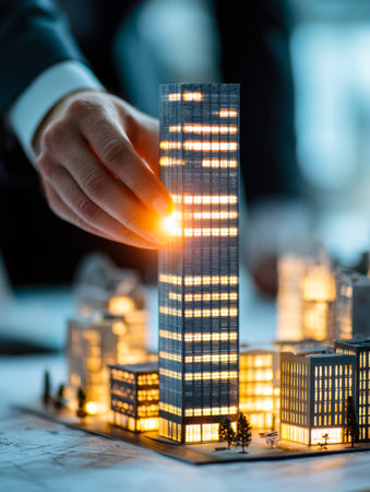 A designer fine-tunes a glowing city skyscraper replica amid a backdrop of sleek urban structures, capturing innovation in futuristic architecture and development.の写真素材