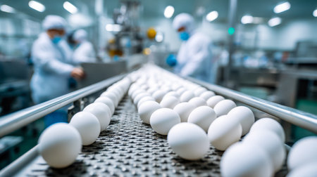 Automated machinery skillfully sorts and packs eggs in a bustling facility, capturing a clean,...
