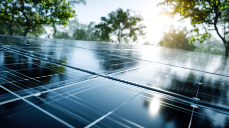Sunlit blend panels with lush greenery, their reflective surfaces capturing the warm glow of...