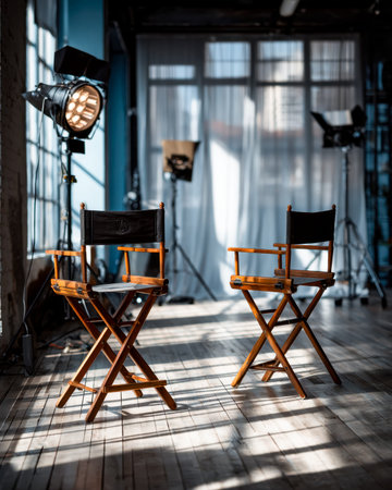 Two vintage-inspired seats face a sleek, professional lighting arrangement in a luminous,...