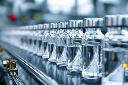 Sleek glass containers with pristine liquid are meticulously arranged on a contemporary...