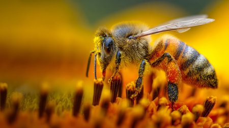 A tiny pollinator delicately gathers golden pollen from a brightly colored bloom, capturing the...