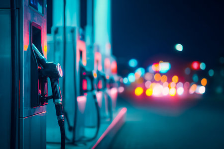 Vibrant neon hues cast a glowing ambiance over modern fueling stations, creating a dynamic nocturnal...