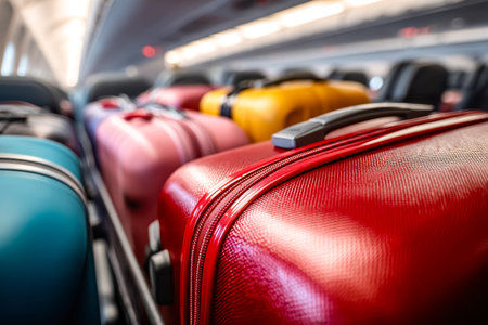 Brightly colored suitcases are neatly stacked in an airplane's overhead compartment, creating a...