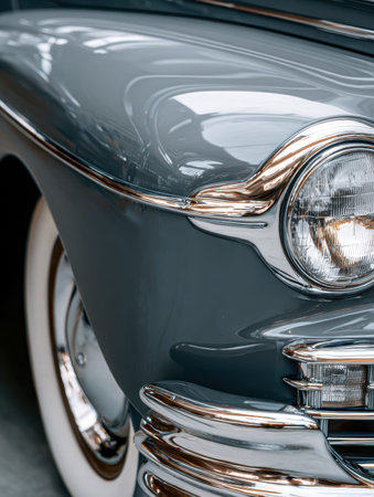 Elegant chrome accents gleam on a classic automobile's bold front grille, capturing timeless...
