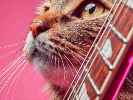 A keen-eyed feline examines the curve of a wooden musical instrument, set against a bold pink...