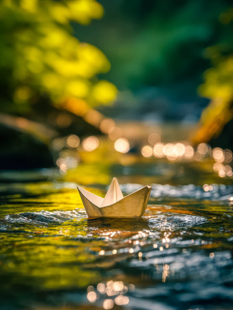 A delicate paper vessel drifts gracefully along a shimmering stream, illuminated by warm sunlight...
