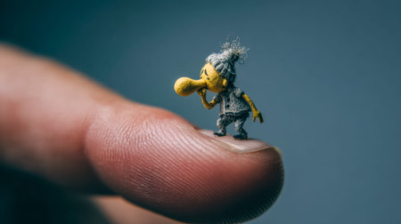 A charming miniature figure perched on a fingertip, exhaling a shimmering bubble, evoking a realm of...