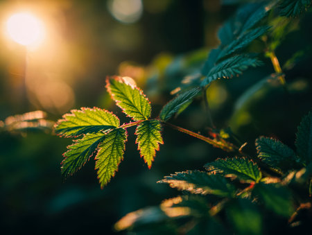 Bright green foliage bathed in golden light, creating a serene and vibrant atmosphere that...