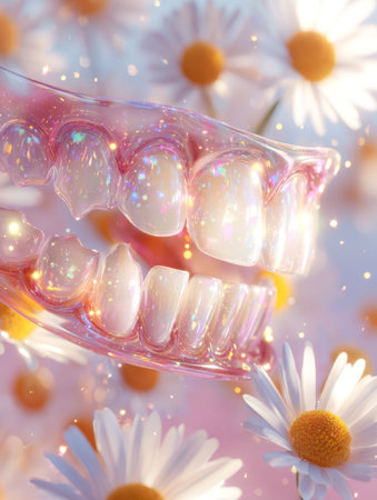 A delicate, translucent set of teeth shimmering with luminous reflections, encased in iridescence,...