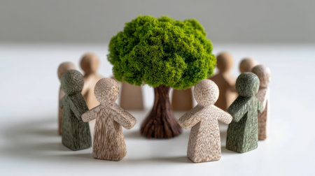 A group of carved wooden silhouettes form a circle, encircling a vibrant miniature tree, embodying...