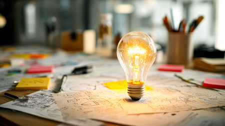 A vibrant, energetic scene featuring a glowing filament bulb among scattered sketches and notes,...