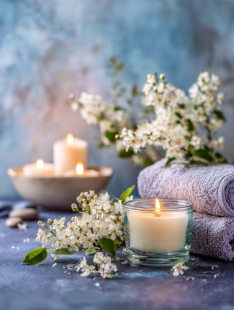 A tranquil oasis featuring flickering candles, pristine white blooms, and soft, inviting towels,...