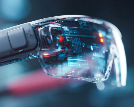 A detailed shot of a modern vr device revealing a luminous digital interface, exploring immersive tech and data visualization in a sleek style.の写真素材