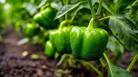 Lush, vibrant bounties of unripe peppers thrive along neatly cultivated garden beds, capturing the...