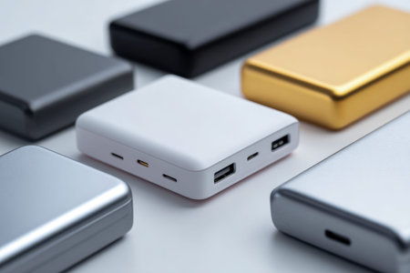 A collection of stylish portable storage devices featuring smooth metallic and plastic finishes,...