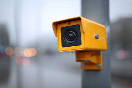 A vibrant yellow surveillance device perches atop a pole, overseeing a bustling city thoroughfare...