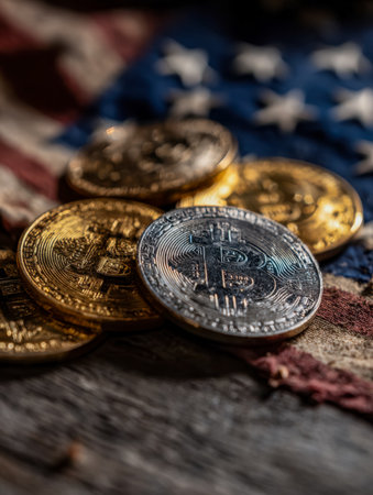 Wealth symbols rest on weathered wood, with patriotic hues reflecting pride and freedom, blending modern finance with timeless American spirit.の写真素材