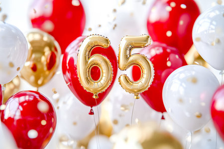 A cheerful scene featuring shimmering gold 65 balloons amidst vibrant red, white, and gold balloons,...