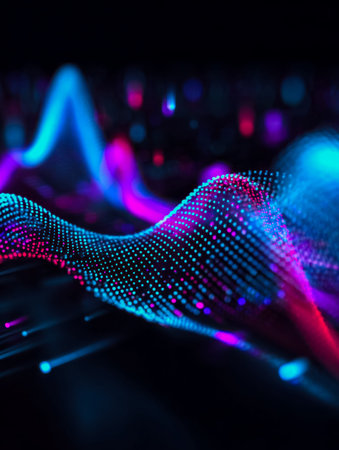 Dynamic neon stream spirals through a sea of glowing data nodes, creating a futuristic atmosphere...