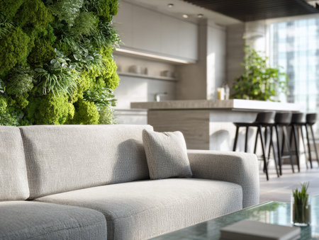 Bright and inviting space featuring a plush, textured gray sofa, a vibrant green wall garden, and a...