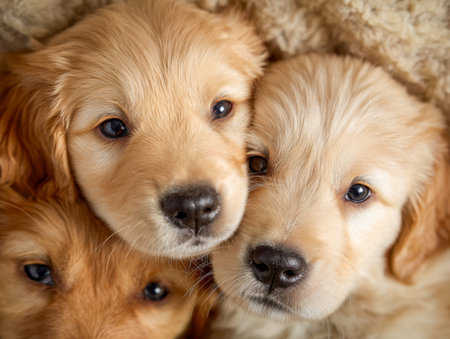 A bundle of fluffy golden retriever puppies nestled together in a warm blanket, their gentle eyes and velvety fur evoking pure innocence and comfort.の写真素材