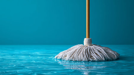 A clean, fresh white cotton mop with a wooden shaft leans on a gleaming, damp blue surface, set...