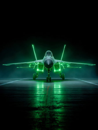 A sleek, advanced aircraft bathed in neon green glow, ready to take off along a shadowy, high-tech...