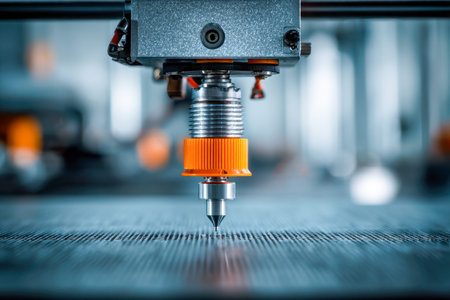 A high-tech manufacturing scene featuring a close-up of an advanced 3d printer nozzle poised for...