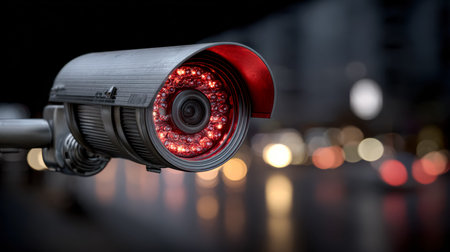 A sleek surveillance device emits a faint red glow in darkness, its infrared sensors discreetly...