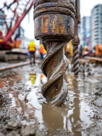A weathered, corroded drill bit lies partly submerged in murky, sediment-laden water, capturing the...