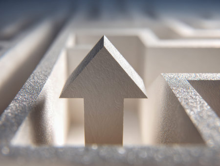 An intricate, high-resolution maze with tactile surface details, featuring a prominent arrow-shaped...