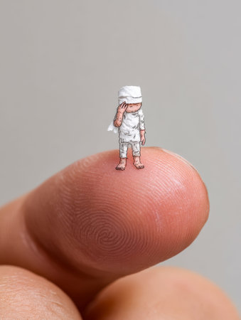 A miniature illustrated figure in medical attire perches on a fingertip, attentive and reflective,...
