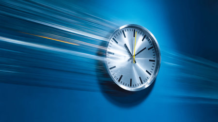 A sleek, contemporary clock appears to zoom forward through a vibrant, energetic environment,...