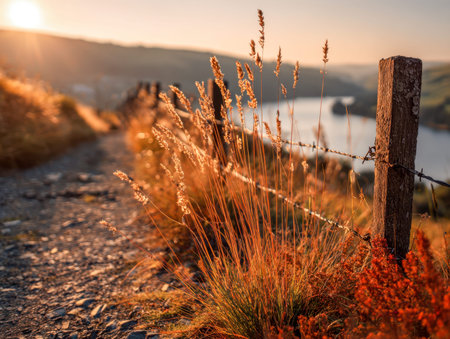 Warm evening light casts a golden glow over tall grasses bordering a weathered fence, with a winding...