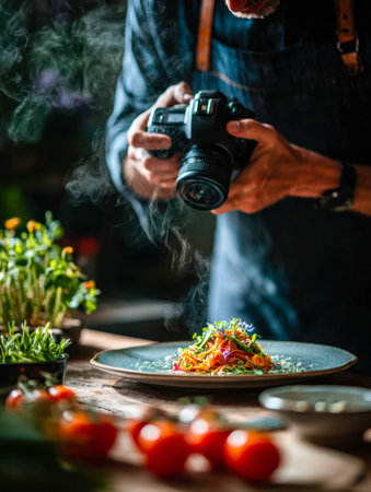 A chef meticulously photographs an artfully plated dish amidst a lively, colorful kitchen filled...