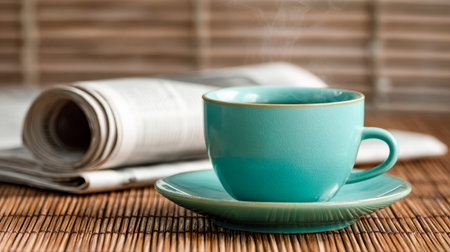 A cozy morning setting features a vibrant turquoise ceramic cup with freshly brewed coffee, resting on a rustic wooden mat, complemented by a rolled newspaper in the backの写真素材