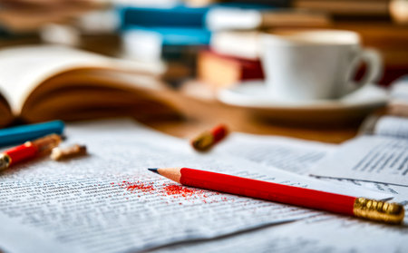 A busy workspace featuring crumpled notes, vibrant writing tools, and a warm beverage, capturing a...