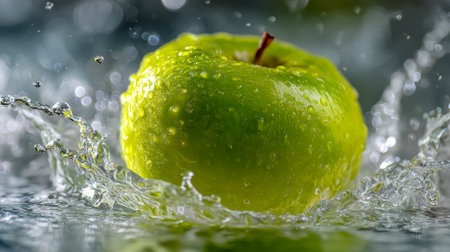 A vibrant green apple creates a dynamic splash as it hits clear water, evoking freshness, energy,...