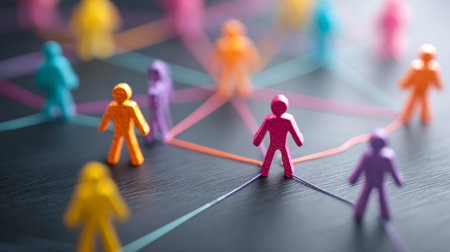 Vibrant tiny figurines linked by threads, symbolizing interconnected relationships across personal and career spheres in a playful, artistic display.の写真素材