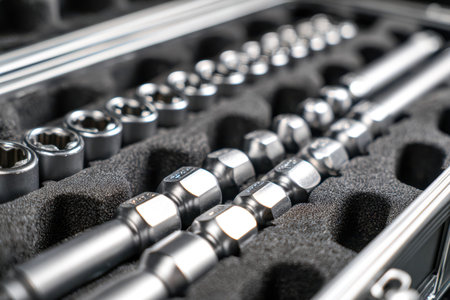 A neatly arranged collection of socket wrenches secured within a durable, form-fitted case, evoking...