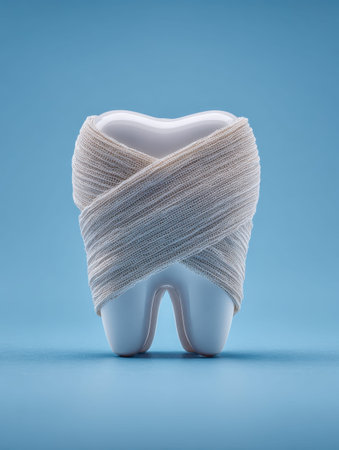A detailed ceramic dental replica snugly wrapped in a white elastic bandage, representing oral...